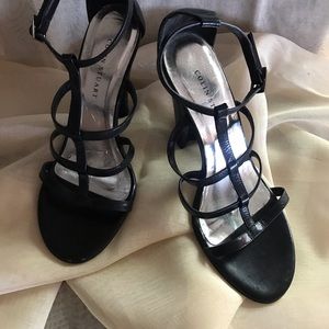 Colin Stuart black strap sandals, with 4.5” heel, size 7.5